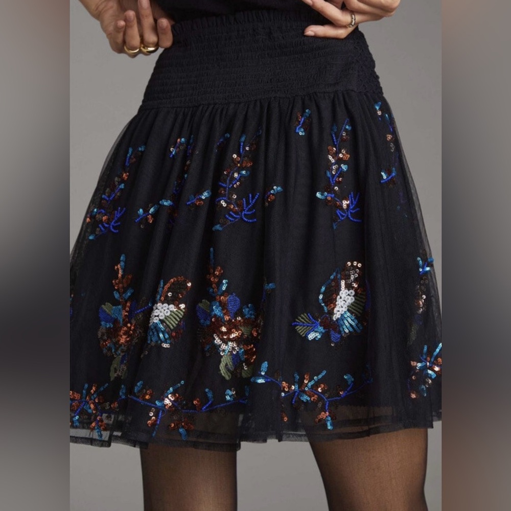 Anthropologie Black Floral Embroidered Sequined Skater Skirt